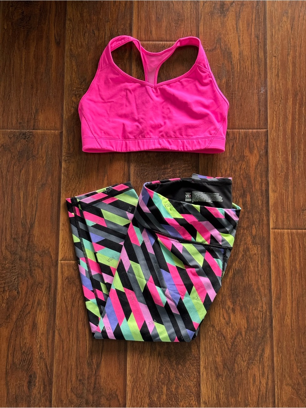 Victoria's Secret VSX Pink Sports Bra with Multicolor Geometric Leggings